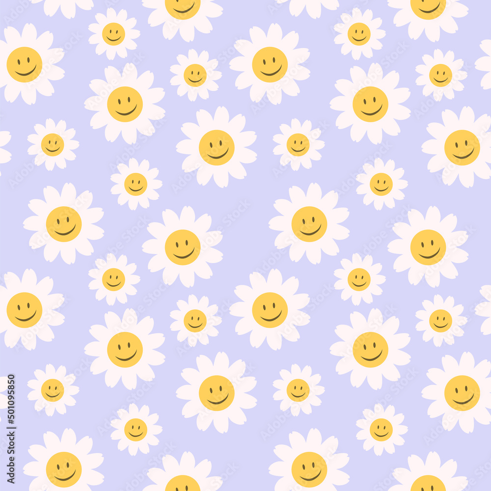 70’s cute seamless smiley face daisy pattern with flowers. Floral hippie funky vector background. Perfect for creating fabrics, textiles, wrapping paper, packaging.