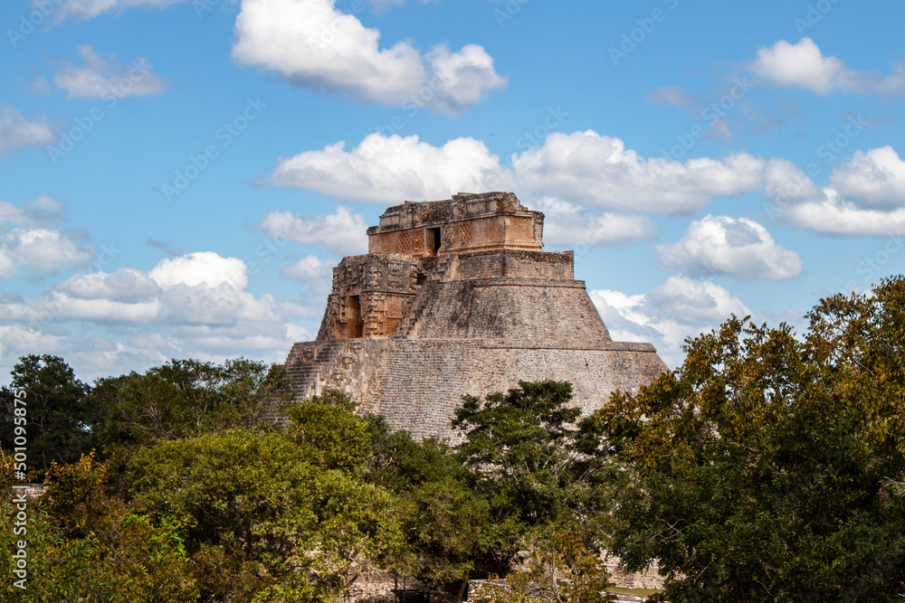 Pyramid of the Magician (Piramide del adivino) Archeological site in Uxmal, near Mérida. Ancient Mayan city ruins, representative of the Puuc architectural style, in Yucatán Peninsula, Mexico.