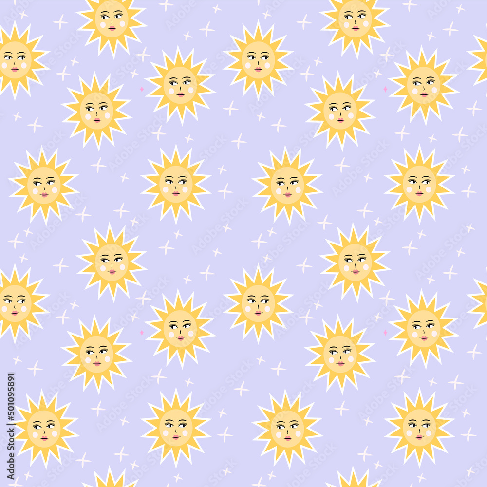 Sun seamless pattern. Cute hand drawn vector background with planets. Perfect for creating fabrics, textiles, wrapping paper, packaging. Sun seamless pattern. Cute hand drawn vector background with planets. Perfect for creating fabrics, textiles, wrapping paper, packaging.