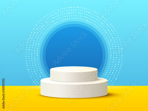 Cylinder pedestal 3d podium. Product display background. Abstract stage platform shape. Minimal wall scene showroom. Circle product podium. Scene 3d stage. Render studio background. Vector