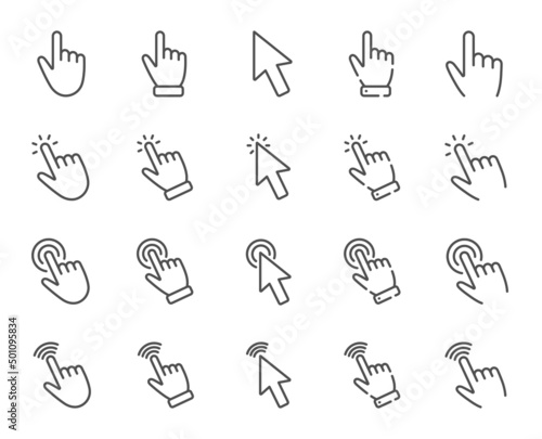 Click pointer line icons. Mouse cursor, hand finger and press here set. Computer arrow, interface tool and web point line icons. Click here, internet pointer and cursor mouse tool. Vector