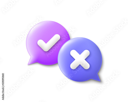Check mark with cross chat bubbles. Correct and wrong answer 3d chat bubble. Quiz banner, confirm or cancel information. 3d render support message elements. Talk or speak symbols. Vector