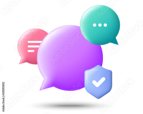 3d chat bubbles. Social media talk speech bubbles. 3d render message banners. Round dialogue elements, chat labels and protect communication. Secure chatting message, web conversation. Vector