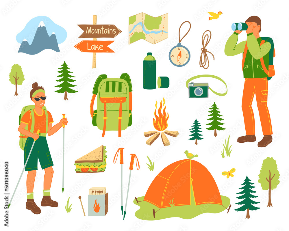 Camping, hiking equipment for trekking set. Camping, hiking equipment for trekking set.