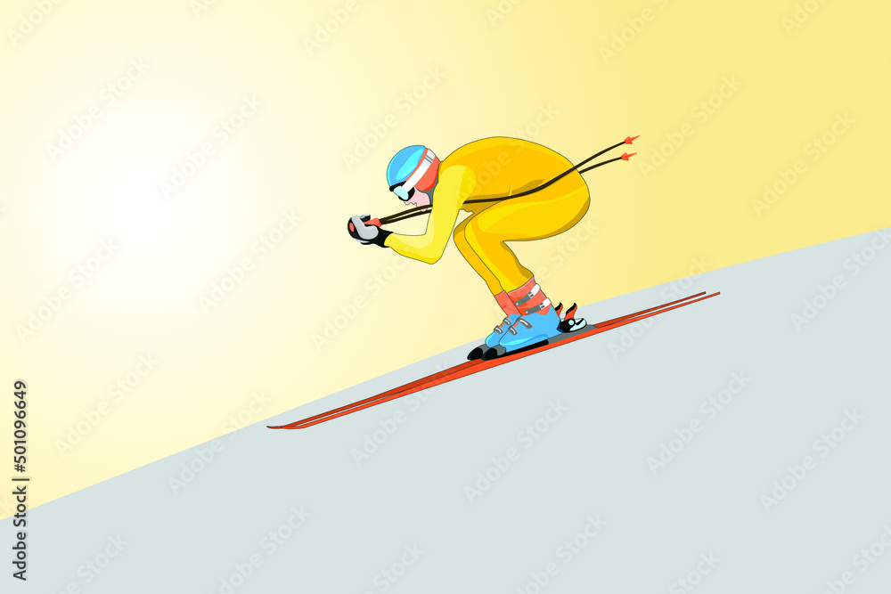 Illustration of ski athlete tucking body position on downhill ski slope Illustration of ski athlete tucking body position on downhill ski slope