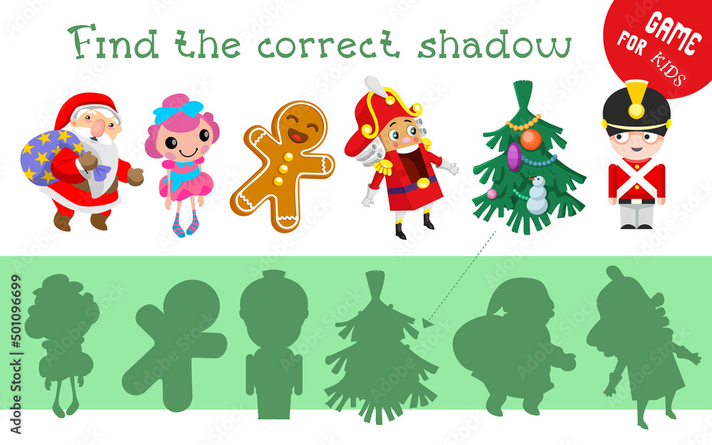 Find correct shadow. Cute Christmas characters. Educational game for children. Activity, vector illustration.