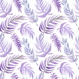 Seamless pattern with purple decorative leaves. Watercolor illustration isolated on white background.