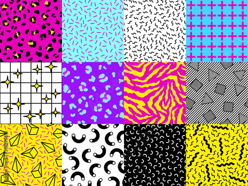 Pop Culture Nineties Seamless Pattern Background Set Acid Psychedelic Style . Vector illustration of Geometric and Animal Wallpaper