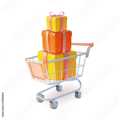 3d Metal Shopping Cart with Heap Present Boxes Plasticine Cartoon Style Isolated on a White Background. Vector illustration of Trolley Market