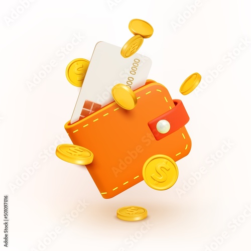 3d Money Saving Concept Plasticine Cartoon Style Levitation Wallet Isolated on a White Background. Vector illustration