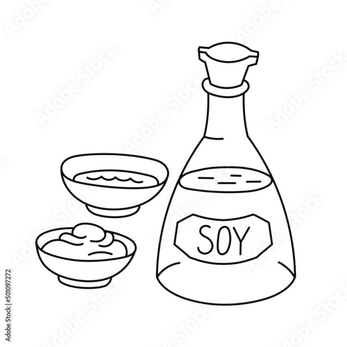 Soy sauce. Bottle and bowl. Editable outline stroke. Vector line icon.