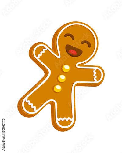 Funny gingerbread man of Christmas New Year fairy tale. Cartoon sweet character. Vector full color illustration.