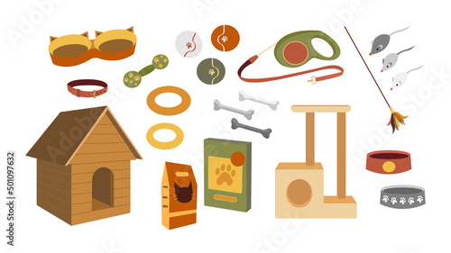 Set of pet accessories from on white background. Vector illustration goods for pet shop food, toys and supplies for cats and dogs in cartoon style.