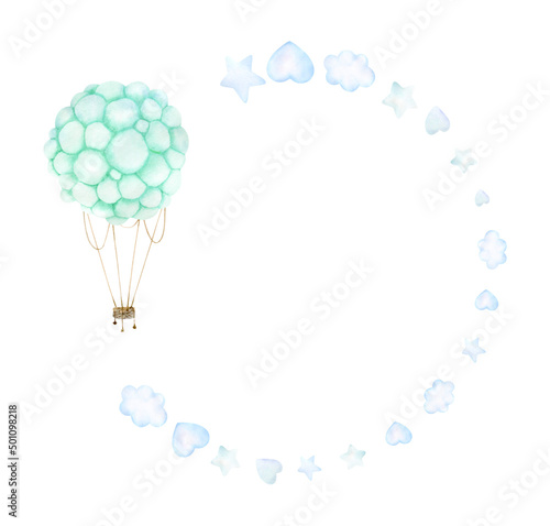 Watercolor baby frame with turquoise hot air balloon, clouds and stars
