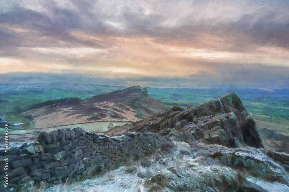 Fine art, artwork. Digital oil painting of a panoramic view from The Roaches. Winter sunrise in the Peak District National Park.