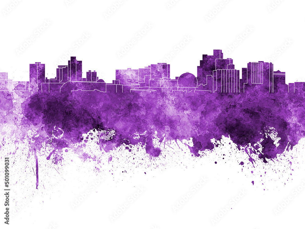 Reno skyline in purple watercolor on white background