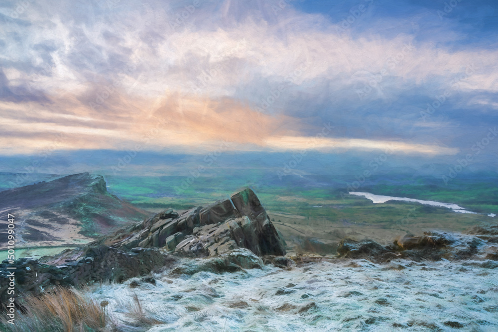 Obraz premium Fine art, artwork. Digital oil painting of a panoramic view from The Roaches. Winter sunrise in the Peak District National Park.