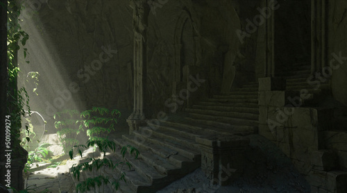 Underground abandoned temple isolated white background 3d illustration