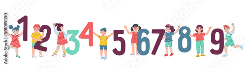 Children holding huge numbers, flat vector illustration isolated on white background. Educational worksheet with kids learning numbers and math.
