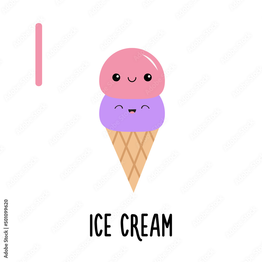 Letter I Ice Cream. Animal and food alphabet for kids. Cute cartoon kawaii English abc. Funny Zoo Fruit Vegetable learning. Education cards. Isolated. Flat design. White background. Letter I Ice Cream. Animal and food alphabet for kids. Cute cartoon kawaii English abc. Funny Zoo Fruit Vegetable learning. Education cards. Isolated. Flat design. White background.