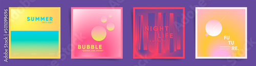 Holographic summer modern gradient square set, cover template design for poster, social media square posts, card frames. Blurry futuristic 70s vintage gradient post. Vector aesthetic springtime kit.