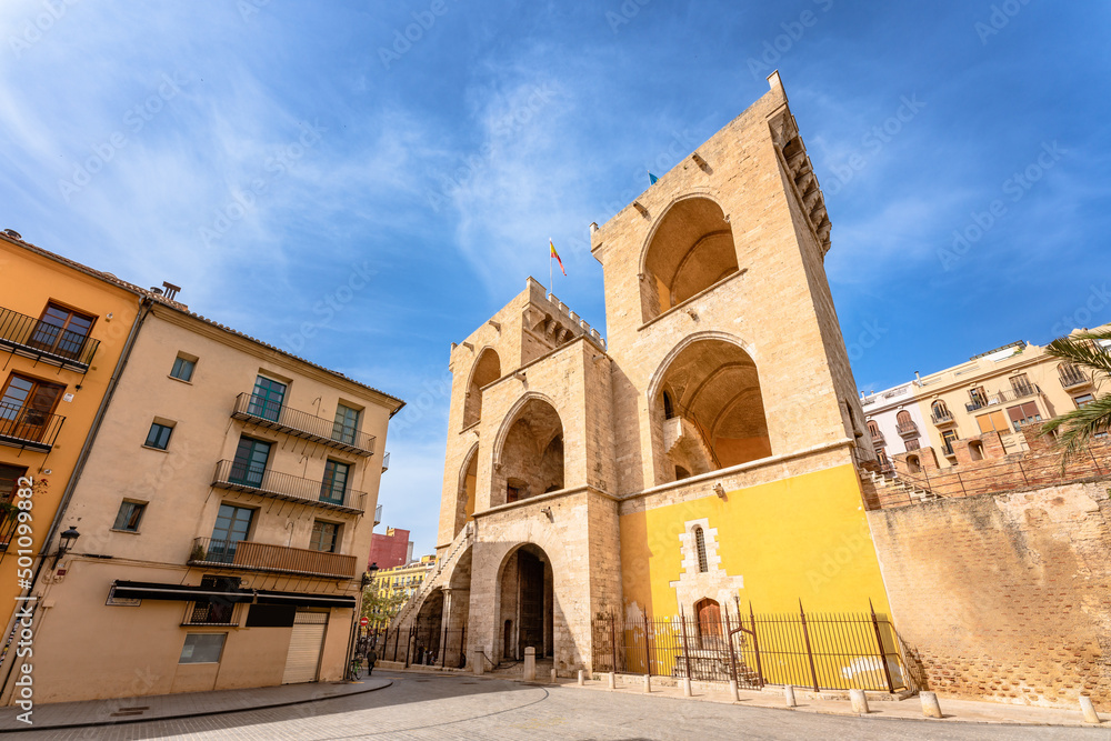Rear view of Torres de Quart medieval monument in Valencia