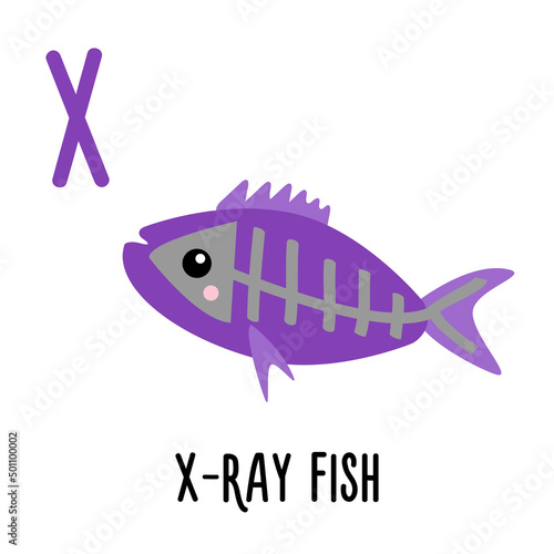 Letter X X-ray fish. Animal and food alphabet for kids. Cute cartoon kawaii English abc. Funny Zoo Fruit Vegetable learning. Education cards. Isolated. Flat design. White background.