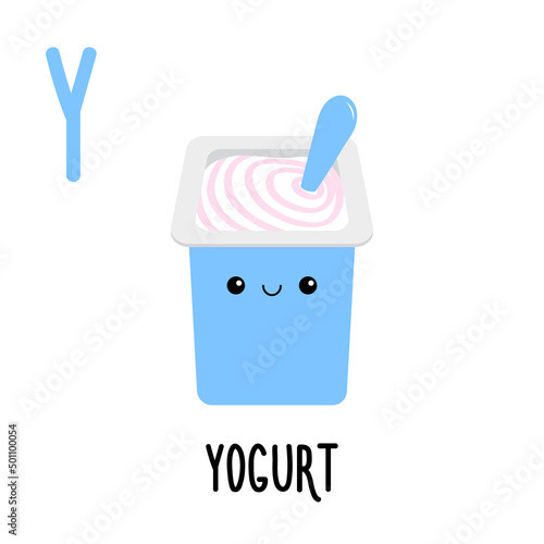 Letter Y Yogurt. Animal and food alphabet for kids. Cute cartoon kawaii English abc. Funny Zoo Fruit Vegetable learning. Education cards. Isolated. Flat design. White background.