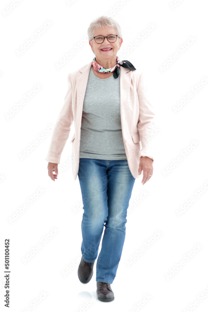 asual woman walking from side to side isolated over a white background asual woman walking from side to side isolated over a white background