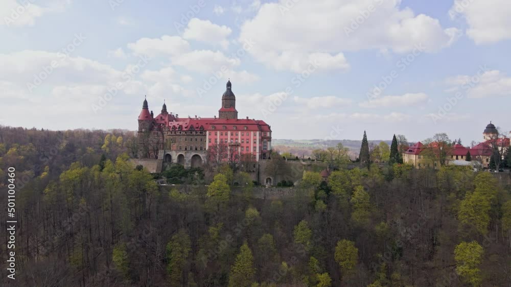 Drone flight over Ksiaz castle near Walbrzych in Poland, Lower Silesia. Famous historic touristic place in Europe Drone flight over Ksiaz castle near Walbrzych in Poland, Lower Silesia. Famous historic touristic place in Europe