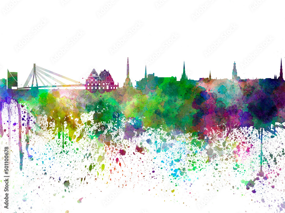 Riga skyline in watercolor on white background