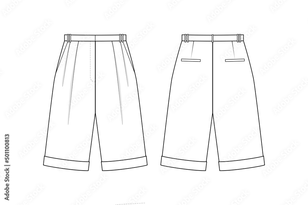 Short pants overall technical fashion flat sketch Vector illustration  template of men's and women's. Apparel cotton fabric sport shorts mock up  Front and back views. Clothing design easy editable. 6896904 Vector Art