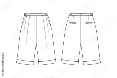 Fashion flat sketch of high-waisted double pleated shorts. Fashion technical drawing of  women's long shorts with cuffs