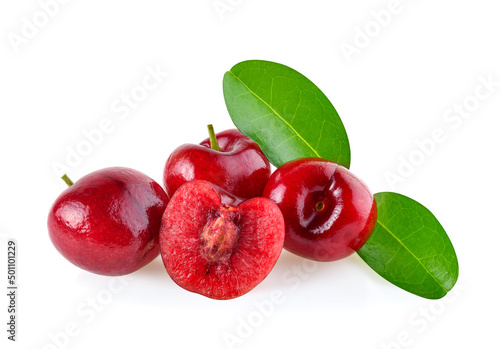 Cherry with leaves isolated on white background