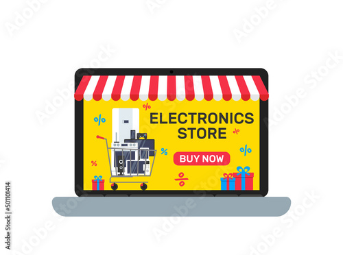 online electronics store household appliances and gadgets in shopping cart laptop vector illustration