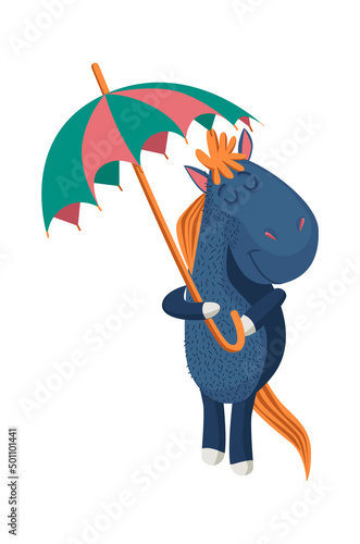 Cartoon Animal horse with umbrella. Vector illustration