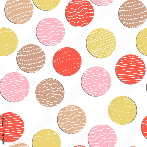 Abstract hand drown polka dots background. White dotted seamless pattern with color circles. Template design for invitation, poster, card, flyer, textile, fabric