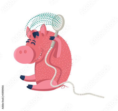Cartoon Animal pig takes a shower. Vector illustration