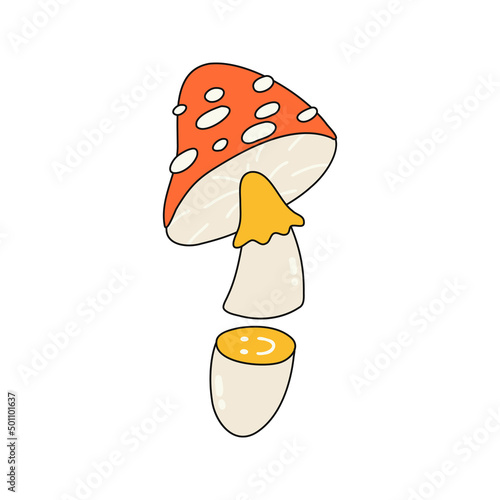 Illustration of the mushroom fly agaric. Abstract hallucinogenic mushroom with a smiling face. Vector illustration isolated on a white background. Hippie concept, 60s and 70s