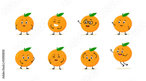 character orange, fruit. Happy cute cartoon emoji set.