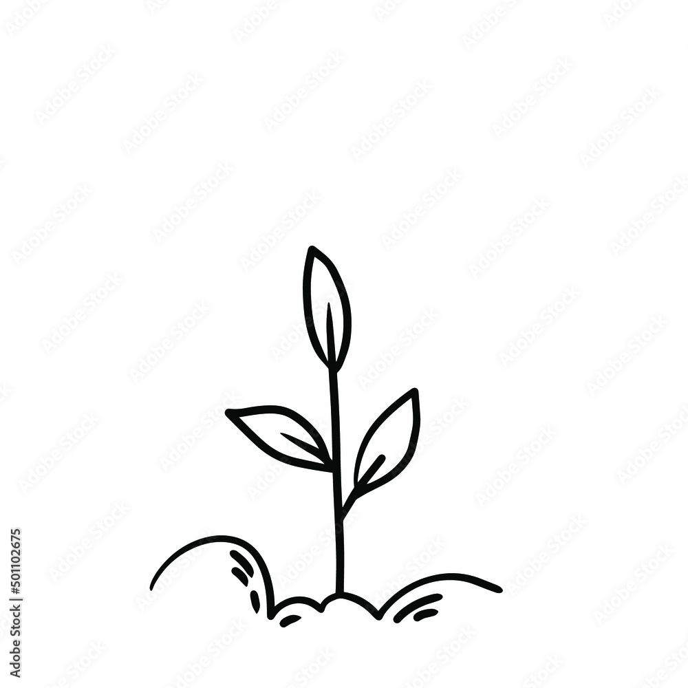 Cute ecology hand drawn vector black and white monochrome doodle. Plant in the ground growing in bullet journal scribble style Cute ecology hand drawn vector black and white monochrome doodle. Plant in the ground growing in bullet journal scribble style