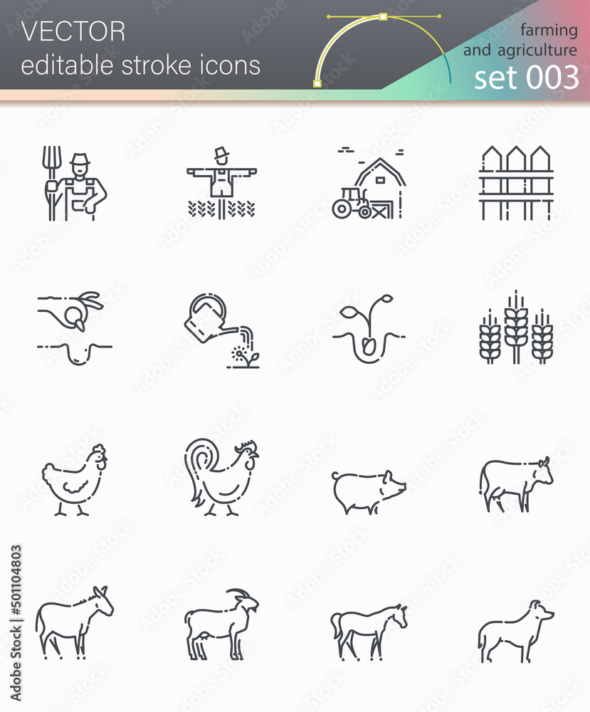 Vector farming editable stroke line icon set isolated