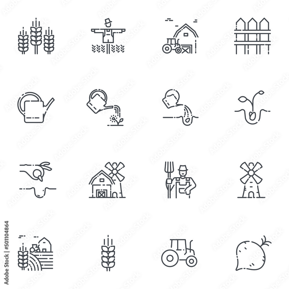 Fototapeta premium Vector farming line icon set isolated. Agriculture