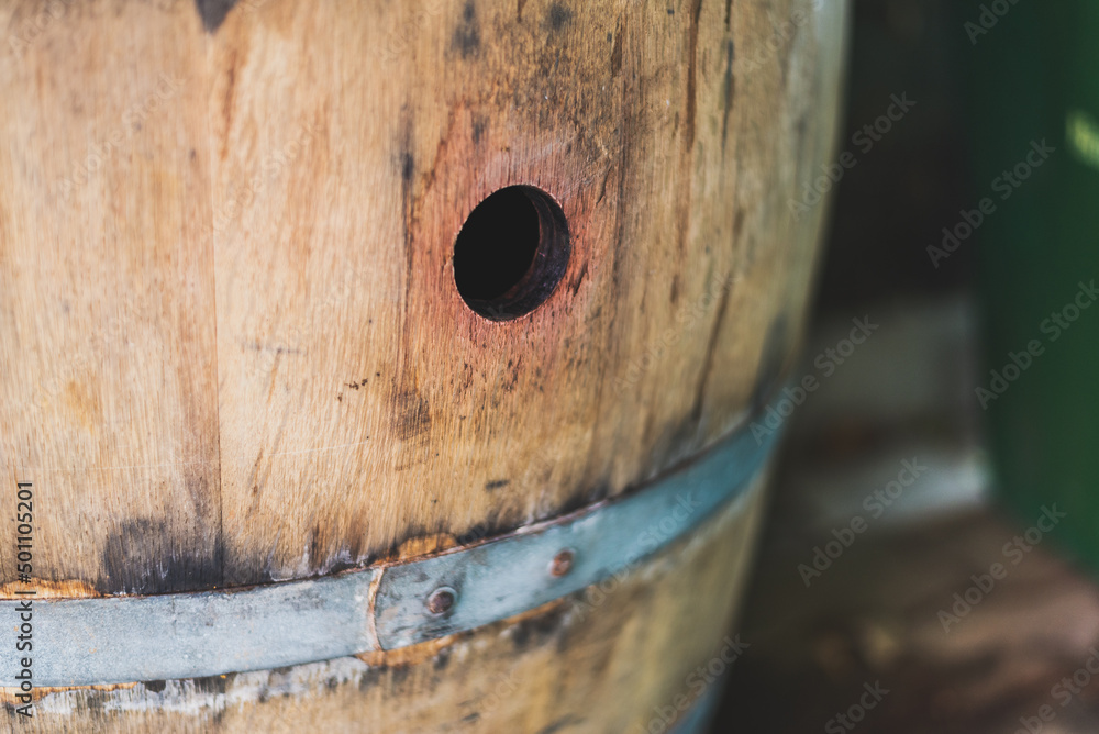 Wooden Oak Wine Barrel Close Up with Hole Wooden Oak Wine Barrel Close Up with Hole