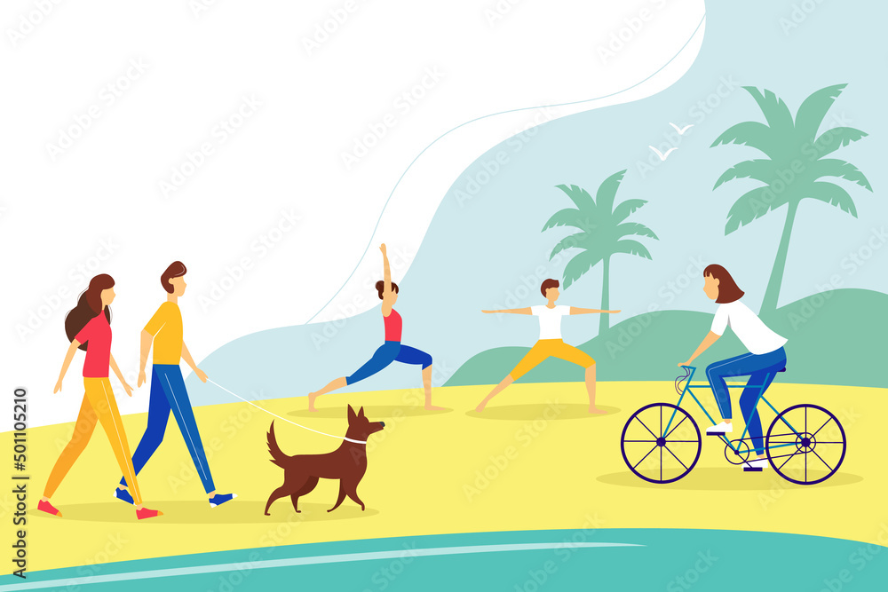 Public beach background. People doing yoga, cycling, walking animals. Relaxation and active recreation concept. illustration.