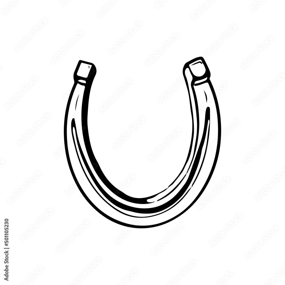 Doodle horseshoe lucky icon element. Cartoon comic sketch style. Horse shoe vintage black vector illustration isolated on white background Doodle horseshoe lucky icon element. Cartoon comic sketch style. Horse shoe vintage black vector illustration isolated on white background