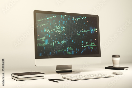 Modern computer monitor with creative scientific formula concept, research and development concept. 3D Rendering