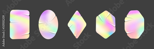 Holographic neon foil folded sticker realistic textured mockups. Authenticity blank emblem or official holography label. Vector guarantee certification metallic icon. Quality badge template