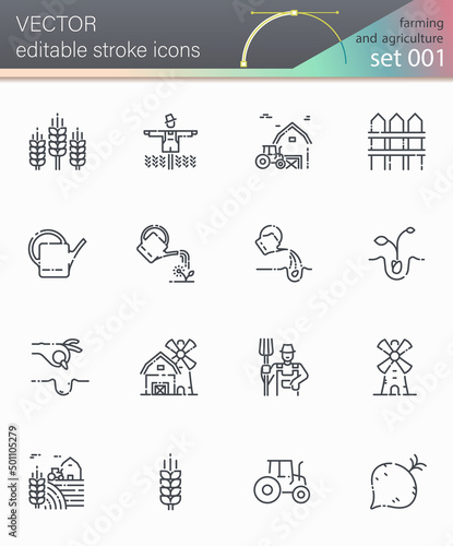 Vector farming editable stroke line icon set isolated