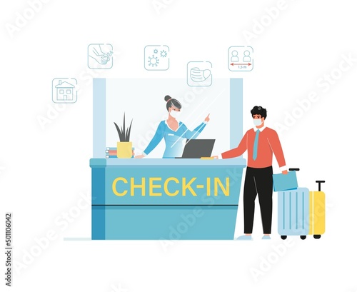 Social distance in new normal life at airport. Woman checkin worker and passenger with luggage at desk counter. People wearing facial protective mask. Prevent pandemic of corona virus or COVID-19